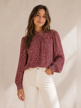 Rollas Floral High Neck Blouse Size Medium Boho Romantic Top